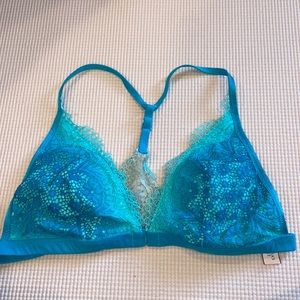 Victoria secret blue lace bralette. Clasp in front. Size large.
